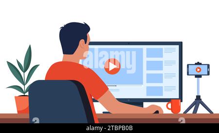 Man professional video maker sitting at desk and editing video with video editing software. Making visual content for social media. Multimedia and fil Stock Vector