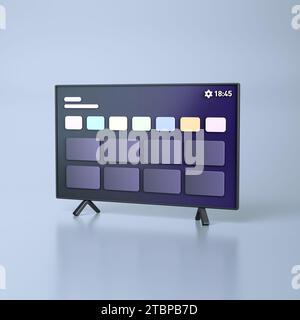 Minimal Smart TV Interface Isolated Over Soft Blue Background. Video Streaming Web Service Apps Icons. Technology concept. 3D Render Illustration. Stock Photo