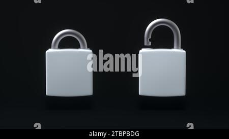 White Locked and Unlocked Padlocks Isolated Over Black Background. Cartoon Minimalism Style. Security Concept. 3D Render Illustration. Stock Photo
