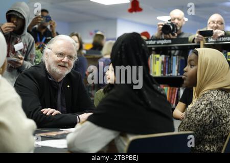 The Nobel laureate in literature, Jon Fosse, makes the traditional visit Friday 08 December to the Stockhoml suburb Rinkeby library to meet school students.Photo: Christine Olsson/TT/Code 10430 Credit: TT News Agency/Alamy Live News Stock Photo