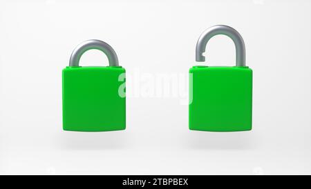 Green Locked and Unlocked Padlocks Isolated Over White Background. Cartoon Minimalism Style. Security Concept. 3D Render Illustration. Stock Photo
