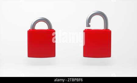 Red Locked and Unlocked Padlocks Isolated Over White Background. Cartoon Minimalism Style. Security Concept. 3D Render Illustration. Stock Photo