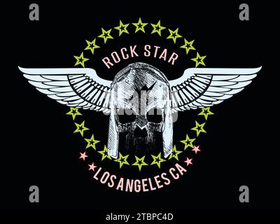 Rock star. Spartan skull with wings t-shirt design. Stock Vector