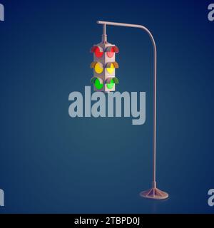 Different Traffic Light on Dark Blue Backdrop. Warning Safety Street Crossroads Stoplight Transport Symbol. 3D Render Illustration. Stock Photo