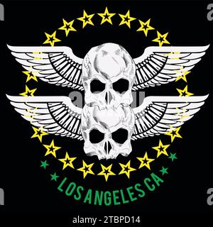 Los Angeles. T-shirt design of two winged skulls next to a circle of stars. Stock Vector
