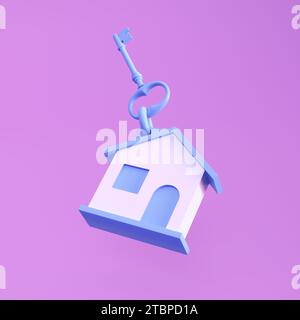 White Blue Home and Key on Purple Backdrop. Real Estate Business, Mortgage Investment Concept. New House, Residential Finance Economy, Moving Home Stock Photo