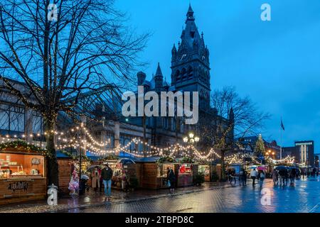 The Christmas market infront of Chester town hall looking rather bleak in the rain. Stock Photo
