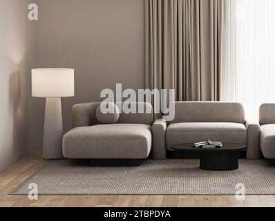 Contemporary living room corner with plush sofas, a classic floor lamp, and elegant drapery. 3d render Stock Photo