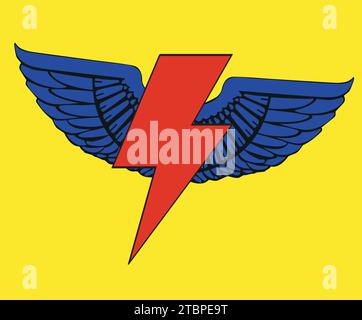 Thunder symbol t-shirt design with wings on a yellow background. illustration in pop art style. Stock Vector