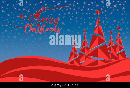 Winter landscape with abstract trees banner and Merry Christmas typography greetings. Holiday Web Red background with starry blue sky, gif card Stock Vector