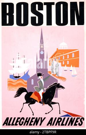 American travel poster for Allegheny Airlines showing Paul Revere on horseback, the Old North Church, the Mayflower ship, and Faneuil Hall in Boston, Massachusetts, 1950 Stock Photo