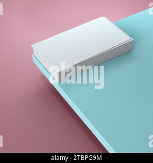 Stack of Blank Business Cards Isolated Over Pink and Turquoise Background. Mock Up and Space for Text and Logo Company. Stock Photo