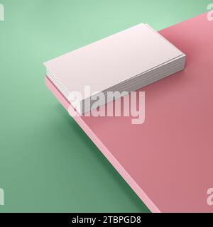 Stack of Blank Business Cards Isolated Over Pink and Green Background. Mock Up and Space for Text and Logo Company. Business Concept. 3D Render. Stock Photo