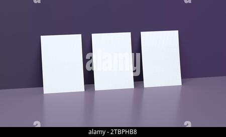 White Posters Mockups on a Purple Background With Reflection. Template, Mockup. 3D Render Illustration. Stock Photo