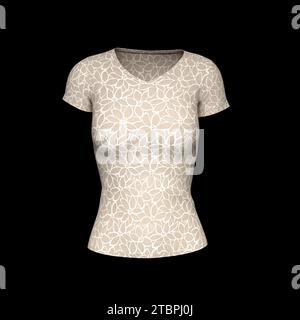 Women's T-Shirt with Flower Pattern Isolated Over Black Background. Creative Layout. MockUp and Space for Text and Logo Company. Business Concept. 3D Stock Photo