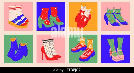 Collection of womens shoes posters. Shoes, slippers, sneakers in a trendy style. Womens shoes with and without heels. Hand drawn vector illustration. Stock Vector