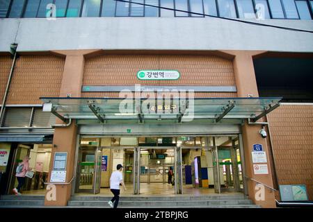 Gangbyeon Station, located adjacent to the bustling Dong Seoul Bus Terminal, serves as a vibrant entry point for commuters and travelers in Seoul. Thi Stock Photo