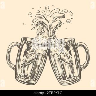 Two mugs of beer clink in toast with splash of foam. Vector illustration for menu design for pub restaurant brewing Stock Vector