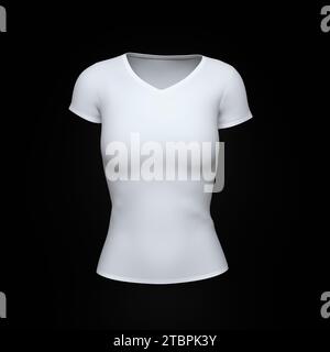 White Women's T-Shirt Isolated Over Black Background. Creative Layout. MockUp and Space for Text and Logo Company. Business Concept. 3D Render Stock Photo