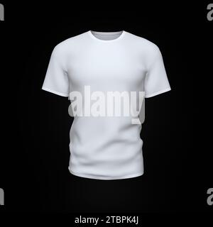 White Men's T-Shirt Isolated Over Black Background. Creative Layout. MockUp and Space for Text and Logo Company. Business Concept. 3D Render Stock Photo