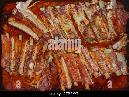 A close-up shot of ribs cooked in the oven Stock Photo