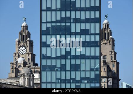 Corner Towers of Royal Liver Building (1908-11) & Modern Office Block Architecture, Mann Island Buildings (2008-11) Pier Head Liverpool England UK Stock Photo