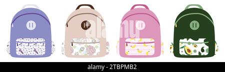 Street backpacks set. School backpack with Printed pocket. Flat style or cartoon Collection of Travel bags isolated on white background. Vector illust Stock Vector