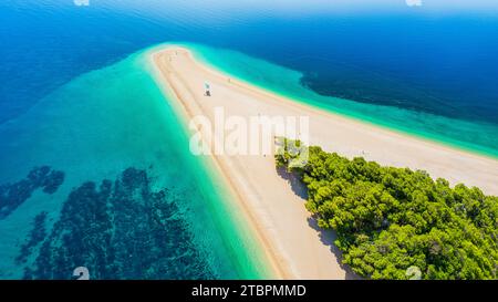 Aerial view of the Golden Horn Beach in Croatia. Also known as Zlatni Rat Beach it was named as one of the best beaches in the world coming in at 12th Stock Photo