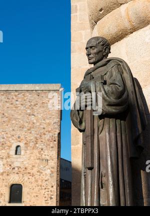 Statue of San Pedro de Alcantara on the outside corner of the Cathedral of Santa Maria at the Plaza de Santa Maria. Caceres, Extremadura, Spain Stock Photo