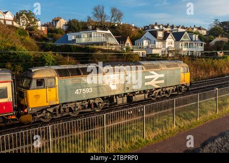 Vintage diesel class 47 number 47593 named 'Galloway Princess' as safety backup on a special steam train, passing Chalkwell, Essex, on C2C line Stock Photo