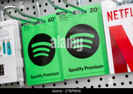 Montreal, Canada - March 24, 2020: Spotify green gift card in a