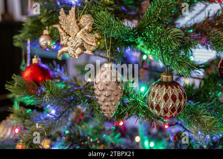 Christmas tree decorated with balls and gerland Stock Photo - Alamy