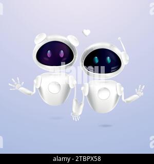 Two robot chat bots in 3D style.Girl and boy chat bots hold hands. Artificial intelligence and Modern technology concept.Tender feelings between robot Stock Vector