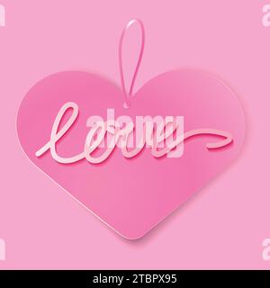 Realistic paper heart with the 3D word Love on a pink background.Cute element for Valentine's Day design.Heart shaped tag romantic concept art.Vector Stock Vector