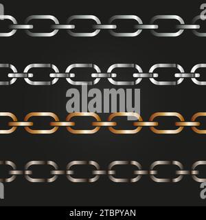 Silver and gold chains on a black background, Metal links repeat endlessly, Vector illustration Stock Vector