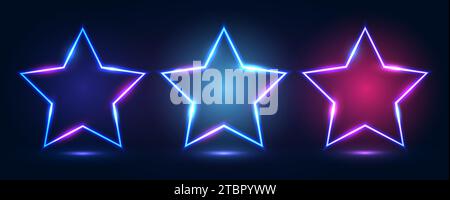 A set of three neon frames in the shape of a star with shining effects and highlights on a dark blue background. Stock Vector