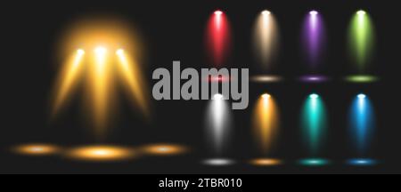 A set of colored spotlights to illuminate the stage with rays on a black background. Stock Vector