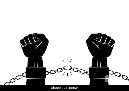 Hand in shackles broken chain. The concept of freedom and human rights. Vector graphic illustration black silhouette Stock Vector