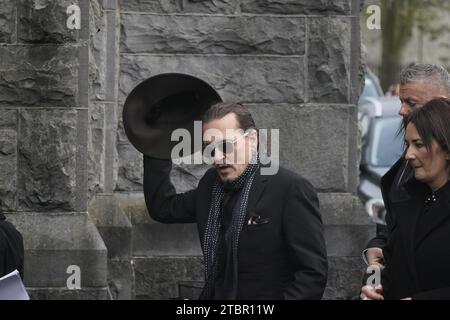 Johnny Depp arrives for the funeral of Shane MacGowan at Saint Mary's of the Rosary Church, Nenagh, Co. Tipperary. MacGowan, who found fame as the lead singer of London-Irish punk/folk band The Pogues, died at the age of 65 last week. Picture date: Friday December 8, 2023. Stock Photo