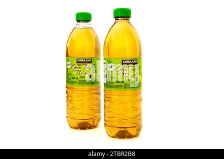 Plastic bottles of green tea with citrus flavor of Kirkland Signarure company. Stock Photo