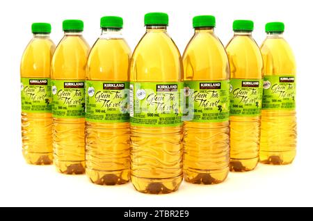 Green tea bottles with a citrus flavor from Kirkland Signature. Stock Photo