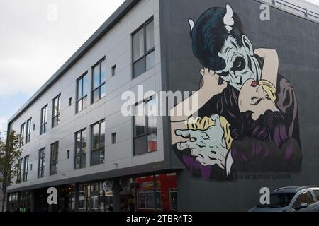 One of the many interesting murals in and around Reykjavik, Iceland. In many cases the property owner has a graffiti artist paint to reduce tagging. Stock Photo