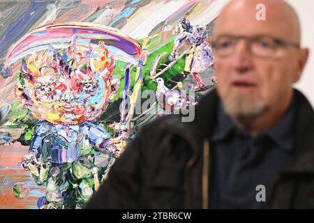 Czech painter Michael Rittstein on a press guided tour of his exhibition Feet on the Table at the Kampa Museum in Prague, Czech Republic, December 8, 2023. Michael Rittstein is one of the leading representatives of Czech expressive figurative painting. He headed the painting studio at the Academy of Fine Arts in Prague for seventeen years. His work is represented in the Albertina Museum in Vienna, the Centre Pompidou in Paris, the Danubiana Meulensteen Art Museum in Bratislava and the National Gallery in Prague. (CTK Photo/Michal Kamaryt) Stock Photo