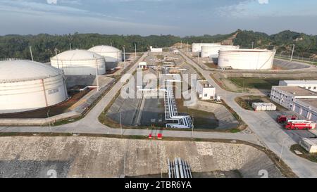 (231208) -- DHAKA, Dec. 8, 2023 (Xinhua) -- This aerial photo taken on Dec. 3, 2023 shows the dual-channel single-point mooring system project at Chattogram port in Moheshkhali, Bangladesh. At Chattogram port, Bangladesh's first sea-land integrated super-large oil storage and transportation system has been put into operation, with a 100,000-ton oil tanker unloading oil through the Chinese-built single-point mooring (SPM) system.TO GO WITH 'Chinese-built SPM system delivers oil successfully at Bangladesh's Chattogram port' (Bangladeshi dual-channel single-point mooring system project department Stock Photo