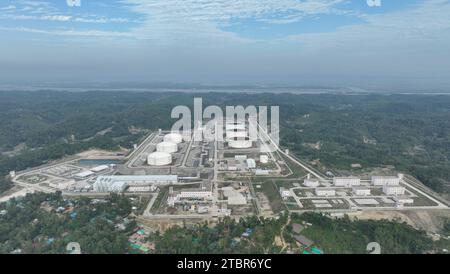 (231208) -- DHAKA, Dec. 8, 2023 (Xinhua) -- This aerial photo taken on Nov. 30, 2023 shows the dual-channel single-point mooring system project at Chattogram port in Moheshkhali, Bangladesh. At Chattogram port, Bangladesh's first sea-land integrated super-large oil storage and transportation system has been put into operation, with a 100,000-ton oil tanker unloading oil through the Chinese-built single-point mooring (SPM) system.TO GO WITH 'Chinese-built SPM system delivers oil successfully at Bangladesh's Chattogram port' (Bangladeshi dual-channel single-point mooring system project departmen Stock Photo