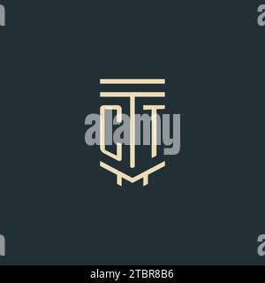 CT initial monogram with simple line art pillar logo design ideas Stock Vector