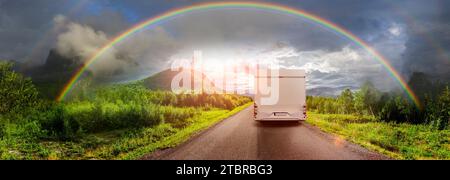 Camper on a road through the countryside in Lapland, Sweden Stock Photo