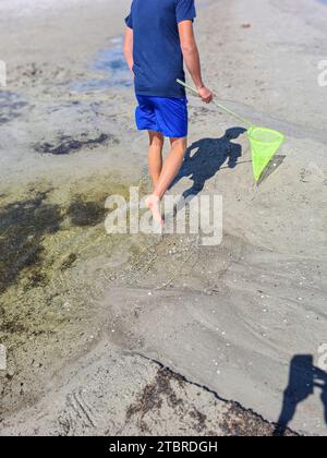 Germany, Mecklenburg-Western Pomerania, peninsula Fischland-Darß-Zingst, vacation resort Prerow, young teenager with landing net running along the water's edge by the sea Stock Photo
