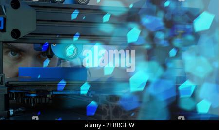 3d printing concept, with a man watching from behind. Photomontage in shades of blue. Stock Photo