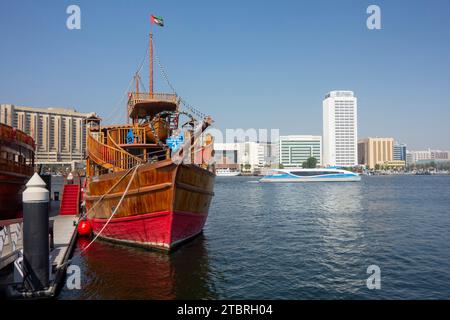 Traditional dhow moored in the marina of Al Seef, Dubai, UAE. Stock Photo